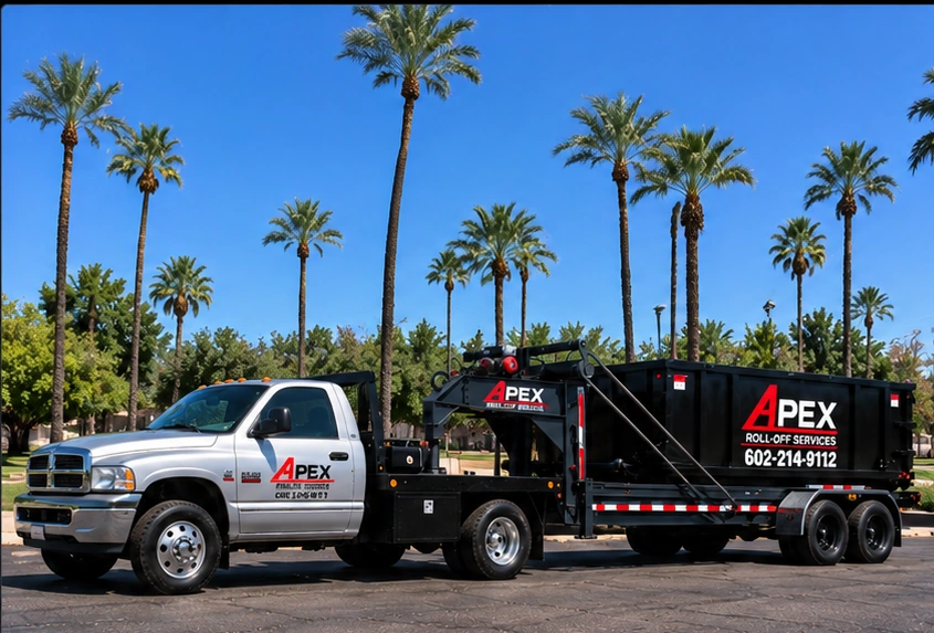 Silver second-generation Ram 3500 dually towing an Apex-branded roll-off dumpster on a gooseneck trailer, with Phoenix palm trees in the background